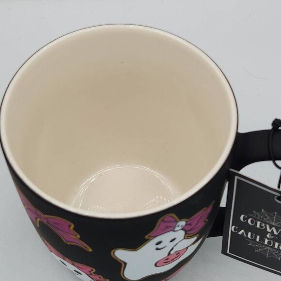 Cobwebs & Cauldrons Halloween ghost pink bow black mug - Picture 3 of 8